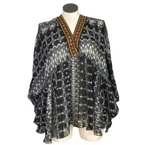 Ivy Jane Womens XS Sheer Floral V Neck Top Black Vacay Cover Up Lagenlook Relxed